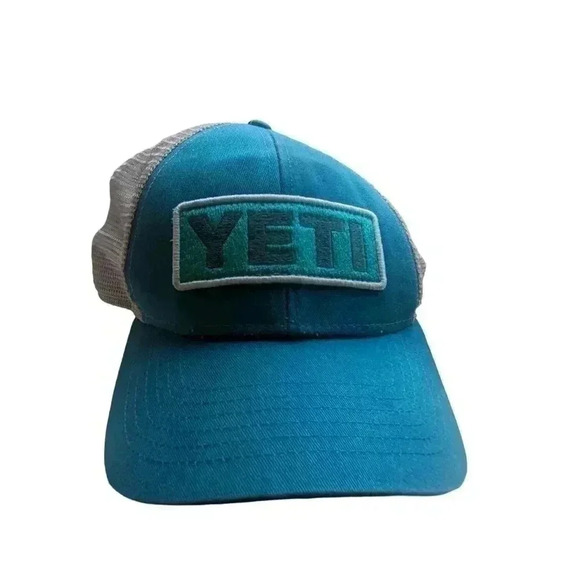 YETI Logo Badge-Low Profile Trucker Hat with Bureo Brim Color: Green/Aquifer Bl - Picture 3 of 5